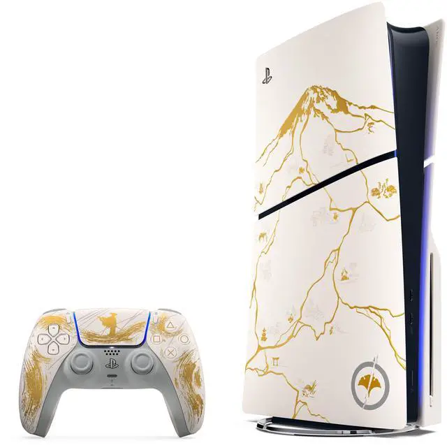 Gold and white PlayStation 5 Ghost of Yōtei Limited Edition console and DualSense controller